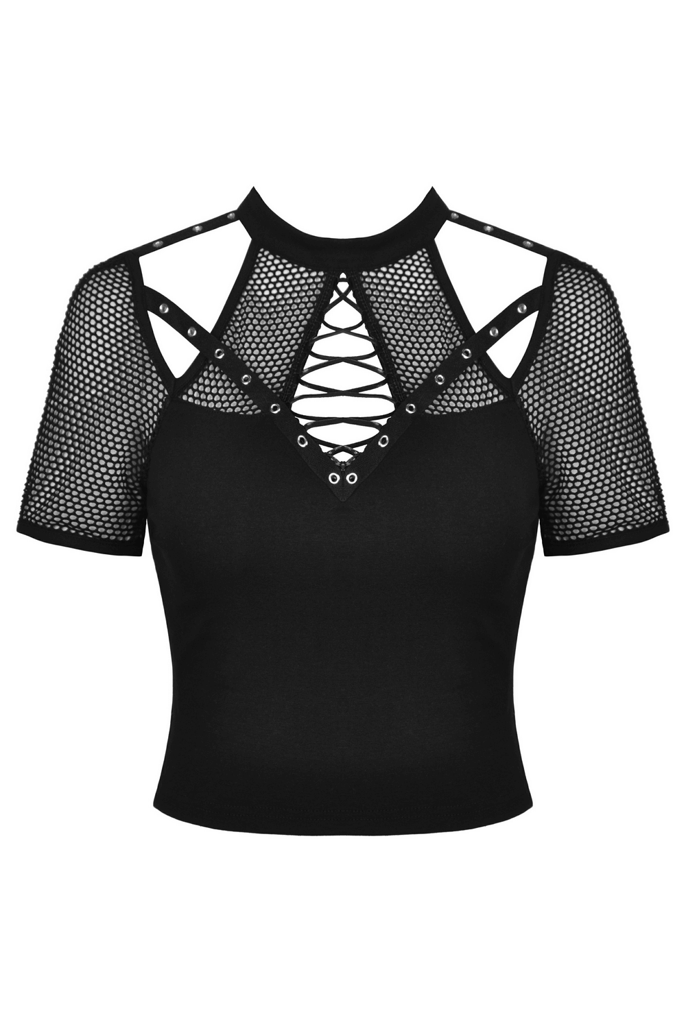 Punk Cutout T-shirt with Mesh Sleeves and Lace-Up Front
