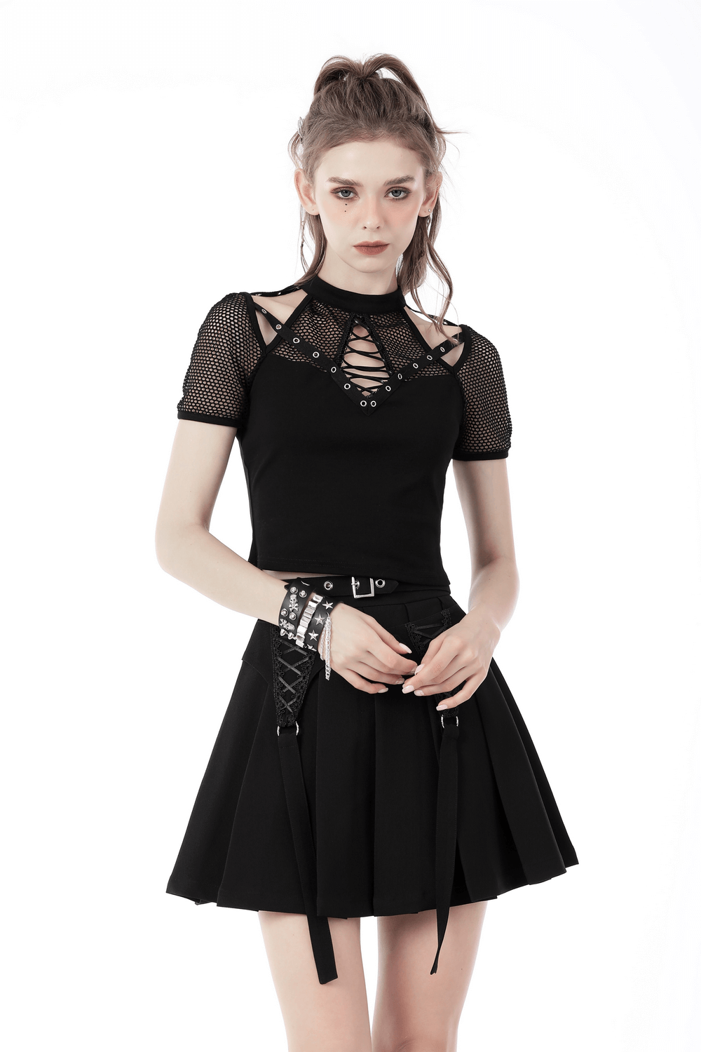 Punk Cutout T-shirt with Mesh Sleeves and Lace-Up Front