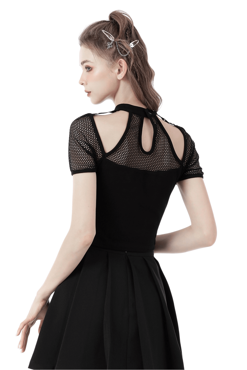 Punk Cutout T-shirt with Mesh Sleeves and Lace-Up Front