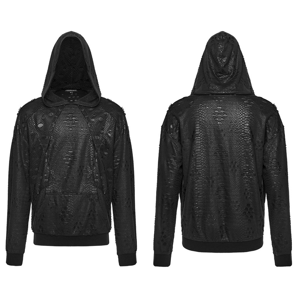 Punk Decadent Tattered Mesh Hoodie with Shoulder Buckles