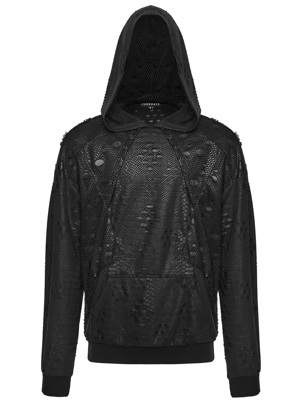 Punk Decadent Tattered Mesh Hoodie with Shoulder Buckles