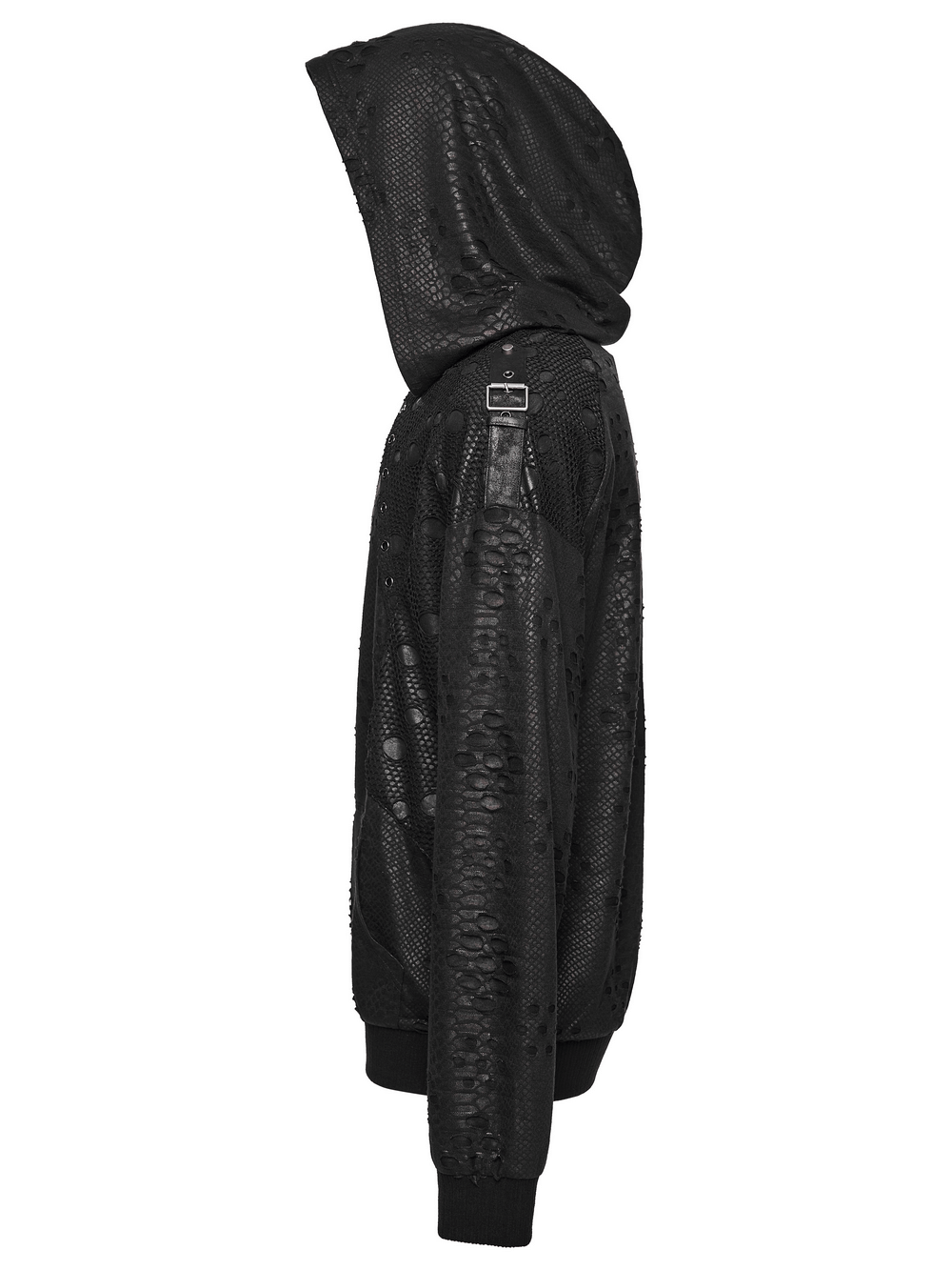 Punk Decadent Tattered Mesh Hoodie with Shoulder Buckles