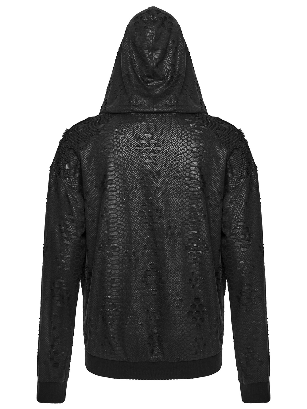 Punk Decadent Tattered Mesh Hoodie with Shoulder Buckles