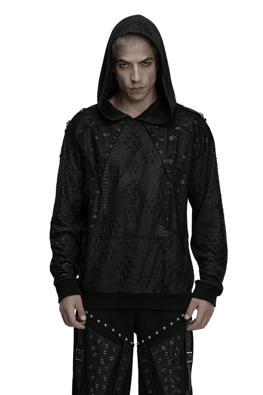 Punk Decadent Tattered Mesh Hoodie with Shoulder Buckles