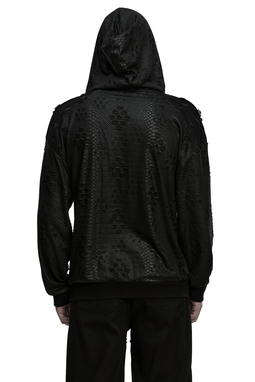 Punk Decadent Tattered Mesh Hoodie with Shoulder Buckles