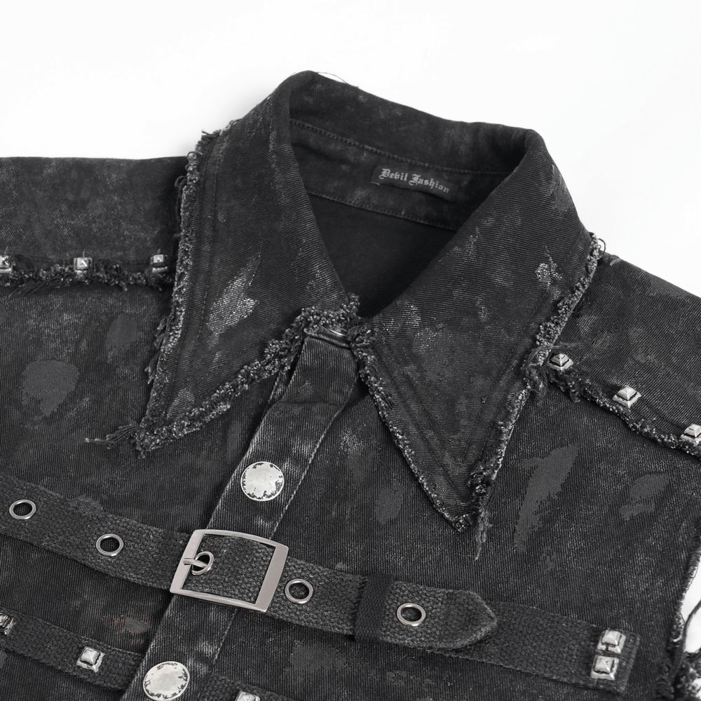 Punk Denim Shirt with Lace-Up Sides and Studded Detail
