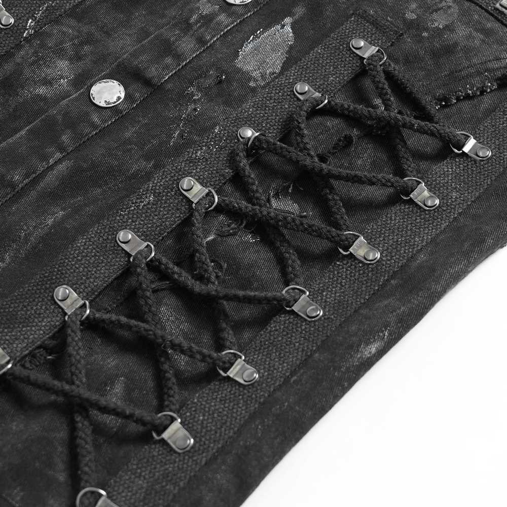Punk Denim Shirt with Lace-Up Sides and Studded Detail