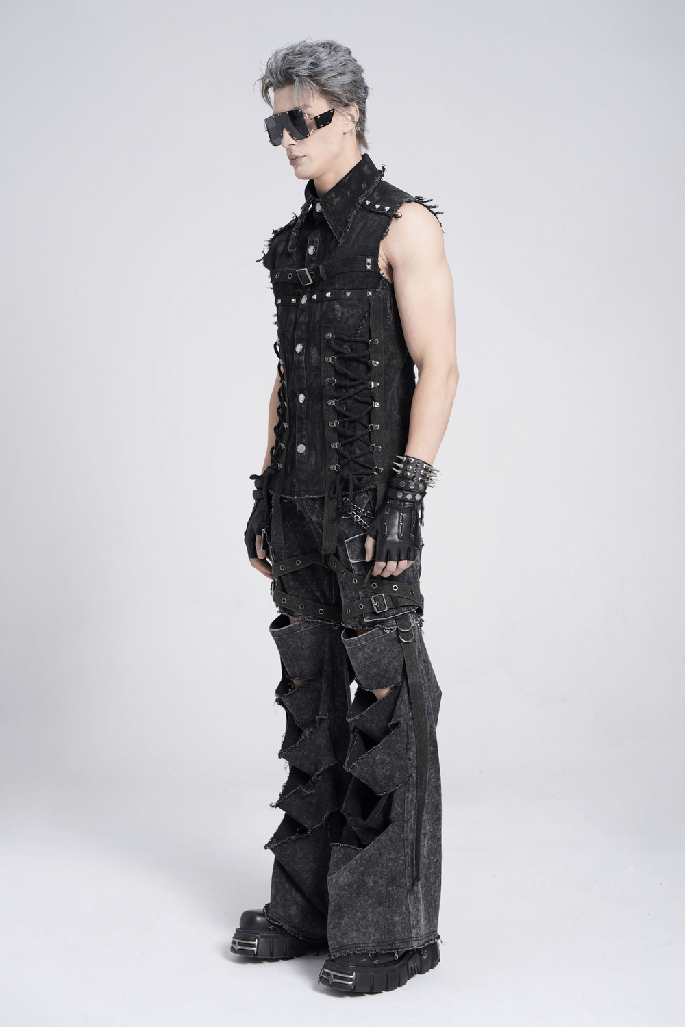 Punk Denim Shirt with Lace-Up Sides and Studded Detail