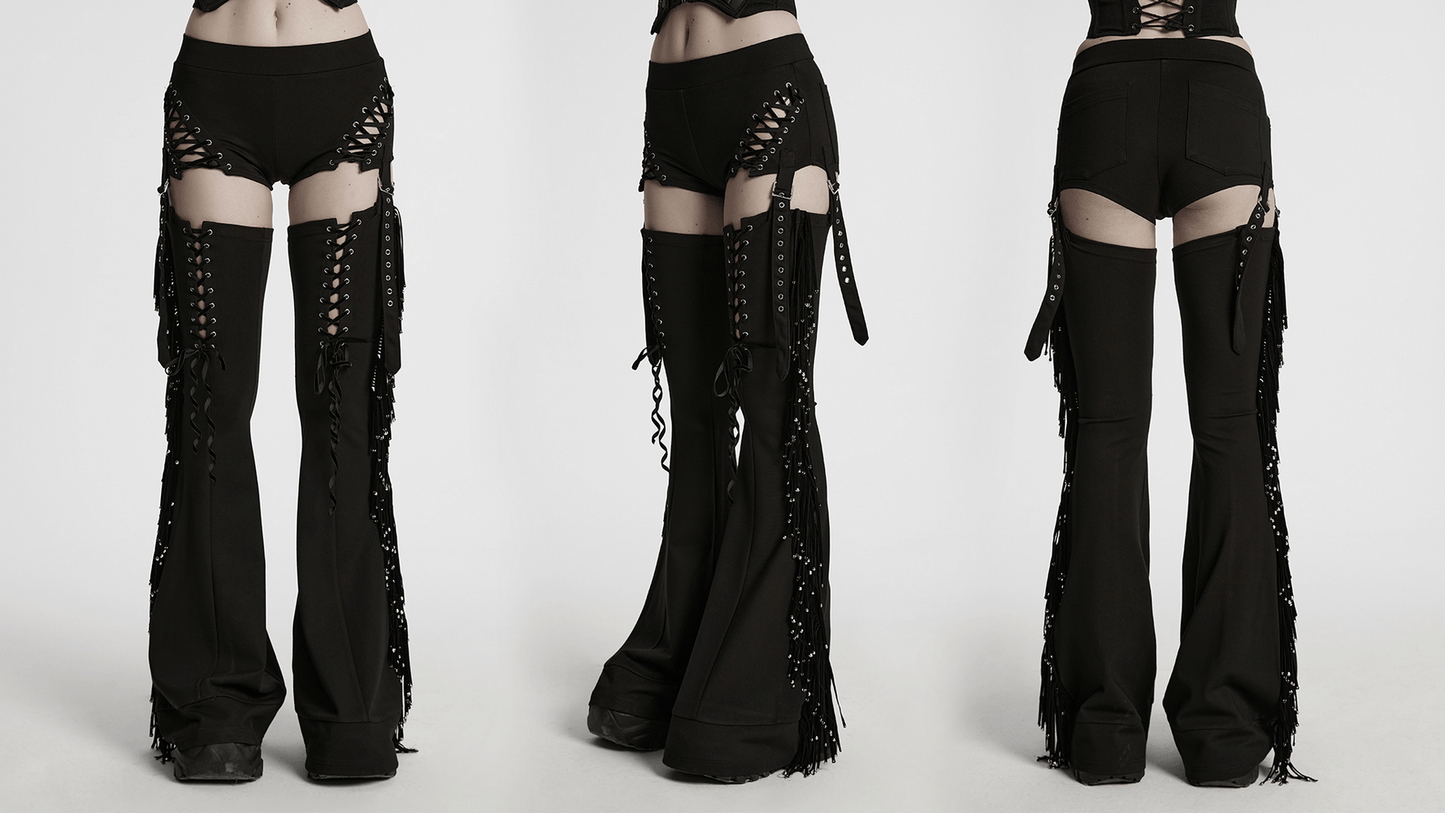 Punk Detachable Tassel Pants with Drawstring and Flared Fit