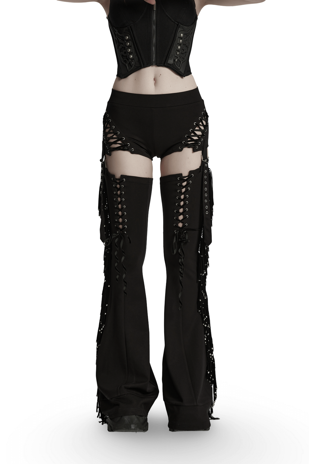Punk Detachable Tassel Pants with Drawstring and Flared Fit