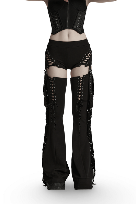 Punk Detachable Tassel Pants with Drawstring and Flared Fit