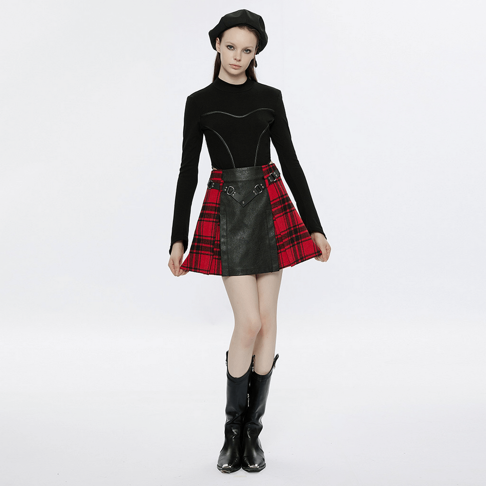 Punk Faux Leather and Plaid Splice Mini Skirt with Rivet Belt