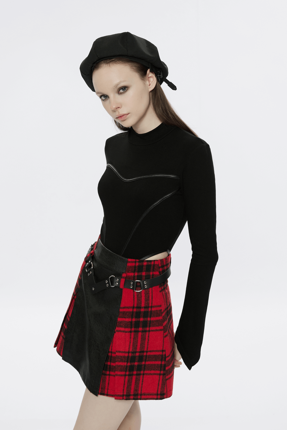 Punk Faux Leather and Plaid Splice Mini Skirt with Rivet Belt