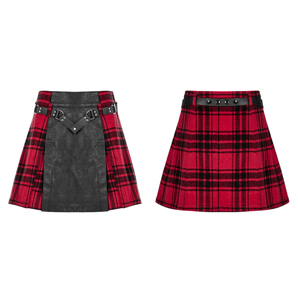 Punk Faux Leather and Plaid Splice Mini Skirt with Rivet Belt
