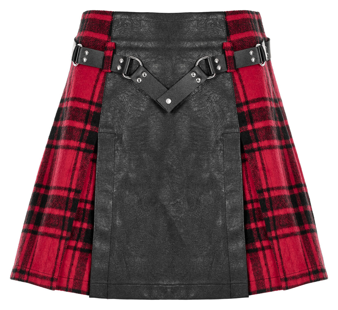 Punk Faux Leather and Plaid Splice Mini Skirt with Rivet Belt