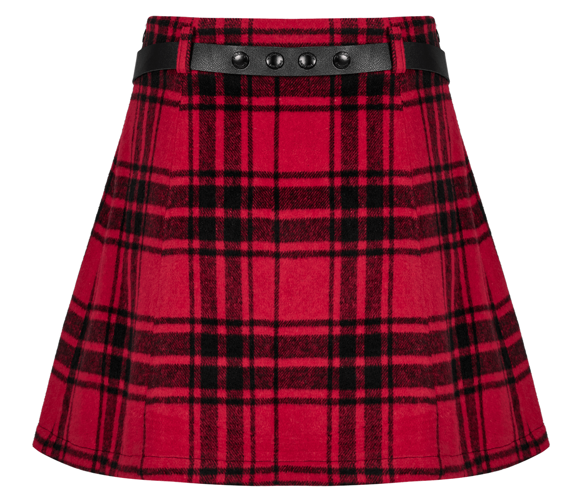 Punk Faux Leather and Plaid Splice Mini Skirt with Rivet Belt