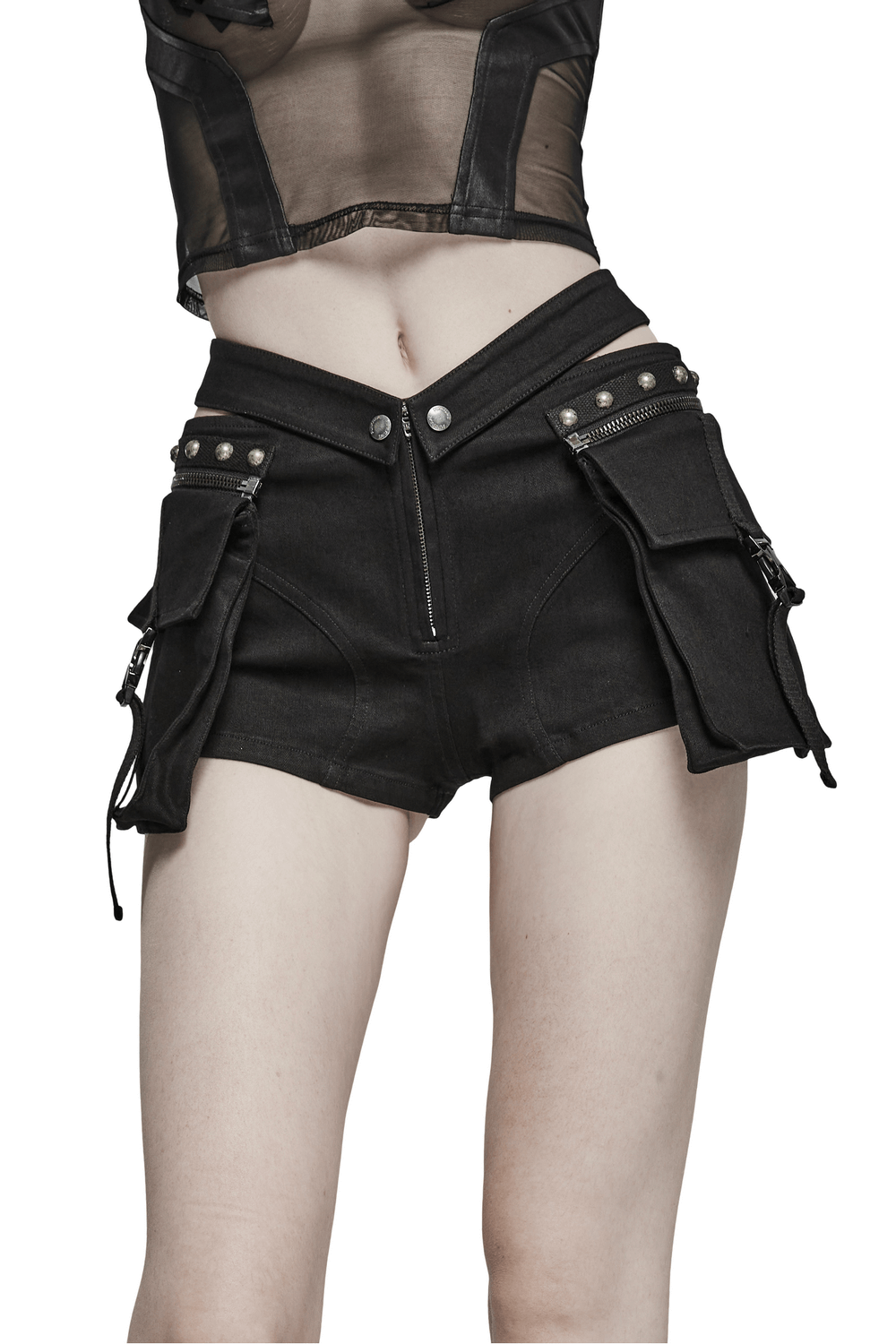 Punk Female Riveted Shorts with Detachable Cargo Pockets