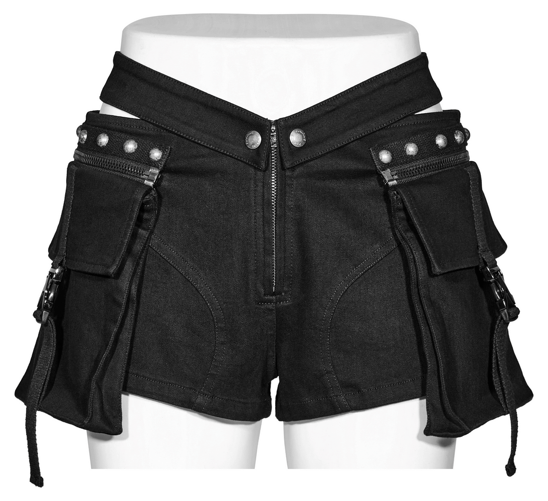 Punk Female Riveted Shorts with Detachable Cargo Pockets