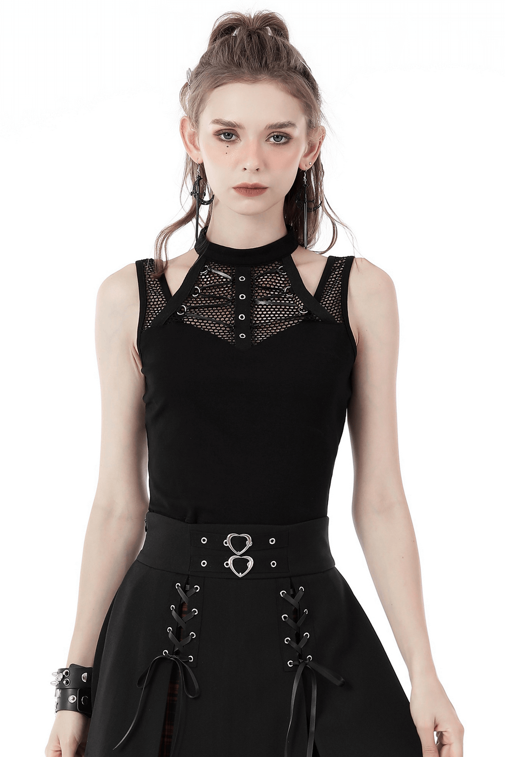 Punk Female Sleeveless Crop Top with Ribcage Mesh Detailing