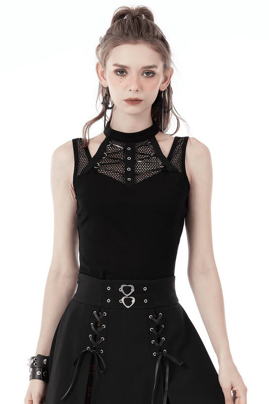 Punk Female Sleeveless Crop Top with Ribcage Mesh Detailing