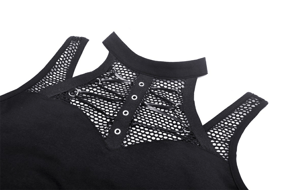 Punk Female Sleeveless Crop Top with Ribcage Mesh Detailing