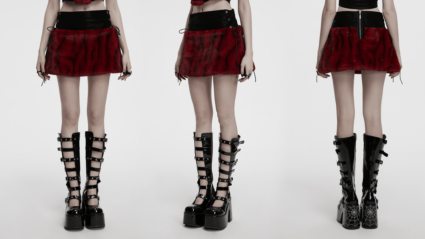 Punk Flame Tie-Dyed Faux Leather and Fur Skirt