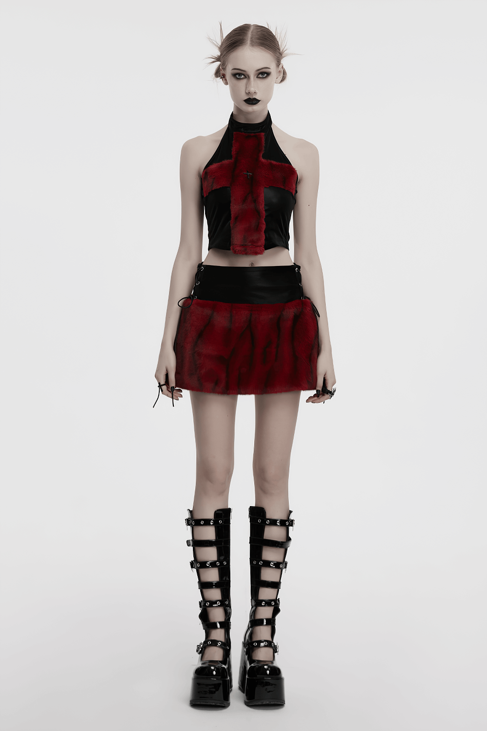 Punk Flame Tie-Dyed Faux Leather and Fur Skirt