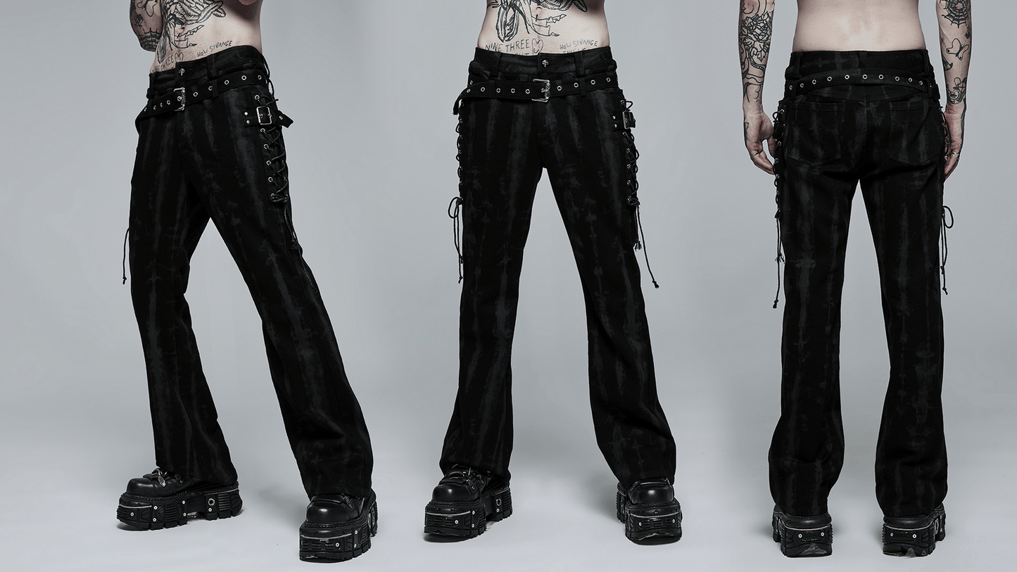 Punk Flare Trousers with Detachable Belt and Drawstrings