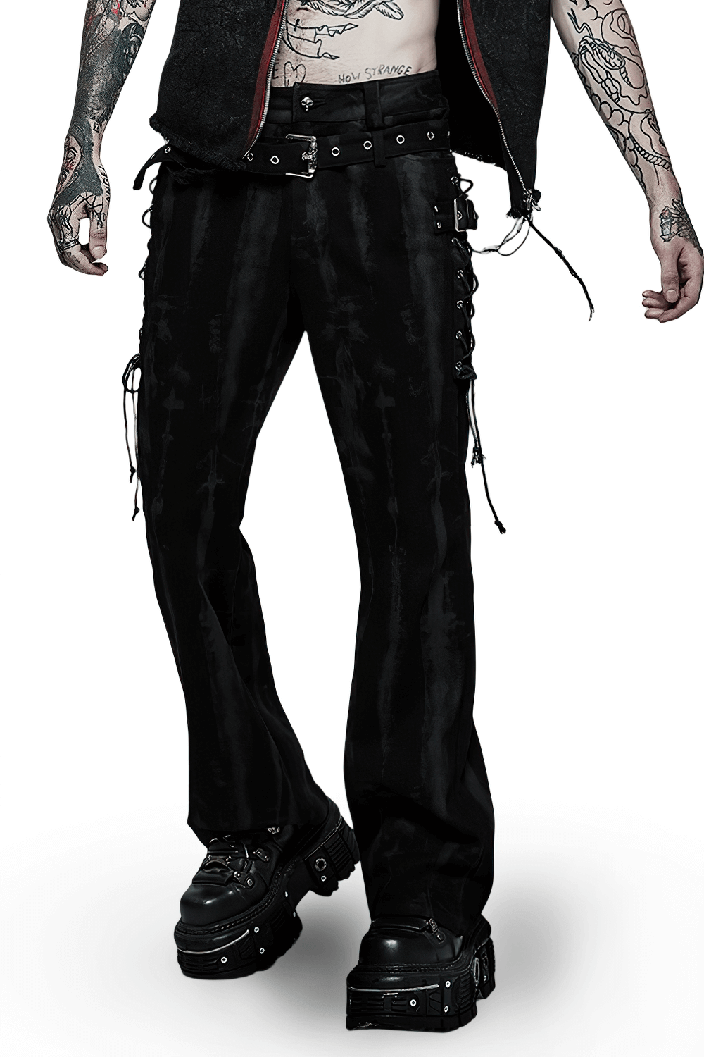 Punk Flare Trousers with Detachable Belt and Drawstrings