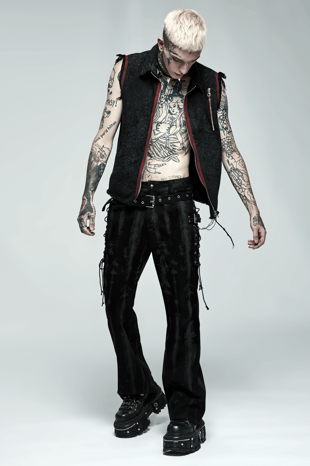 Punk Flare Trousers with Detachable Belt and Drawstrings