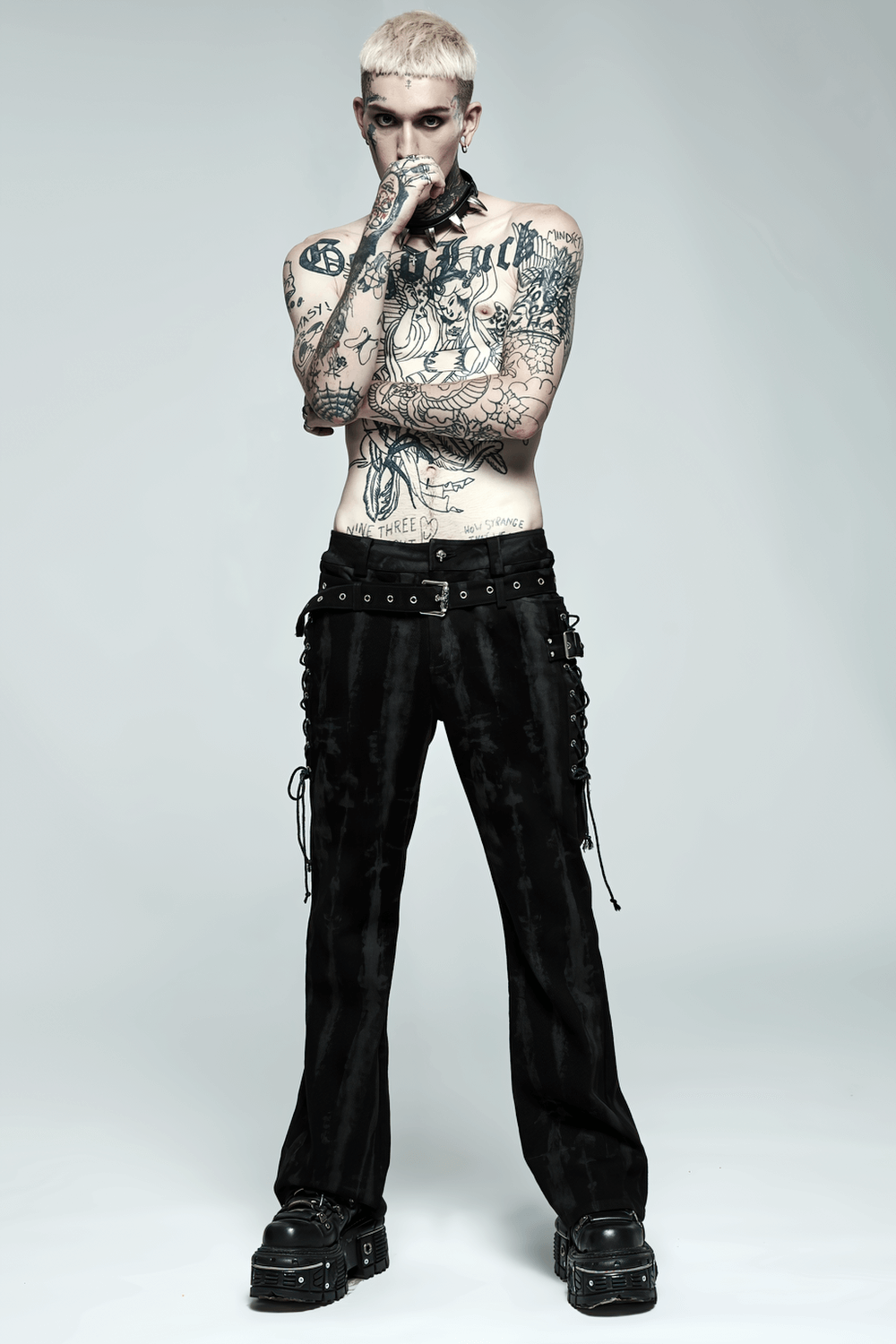 Punk Flare Trousers with Detachable Belt and Drawstrings