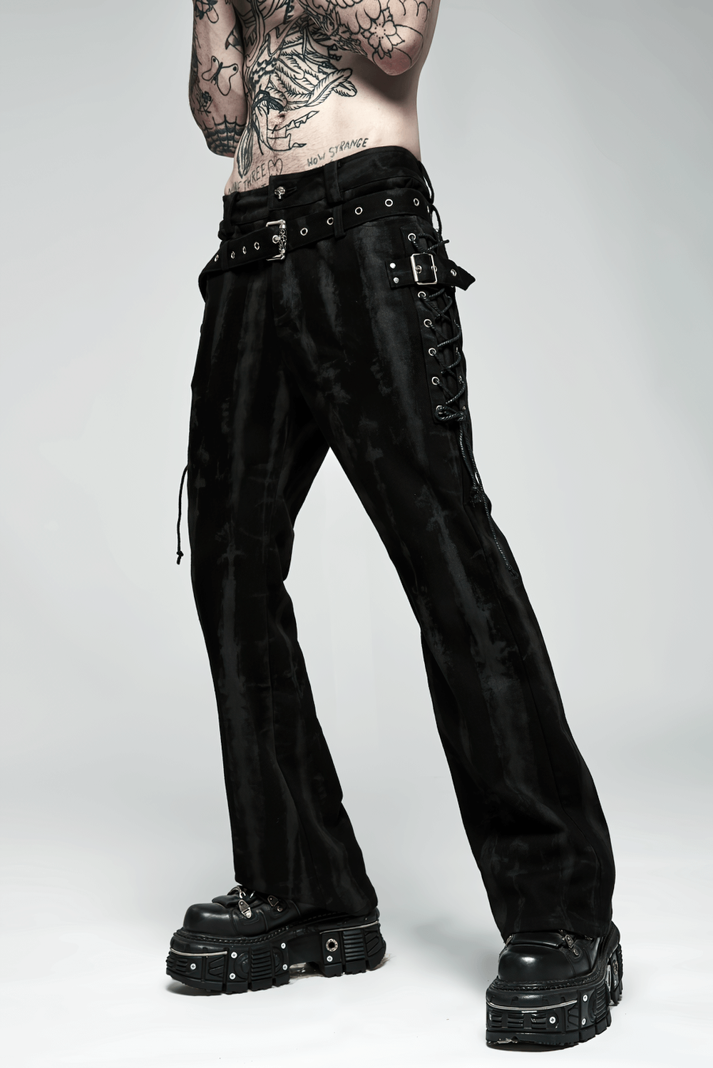 Punk Flare Trousers with Detachable Belt and Drawstrings