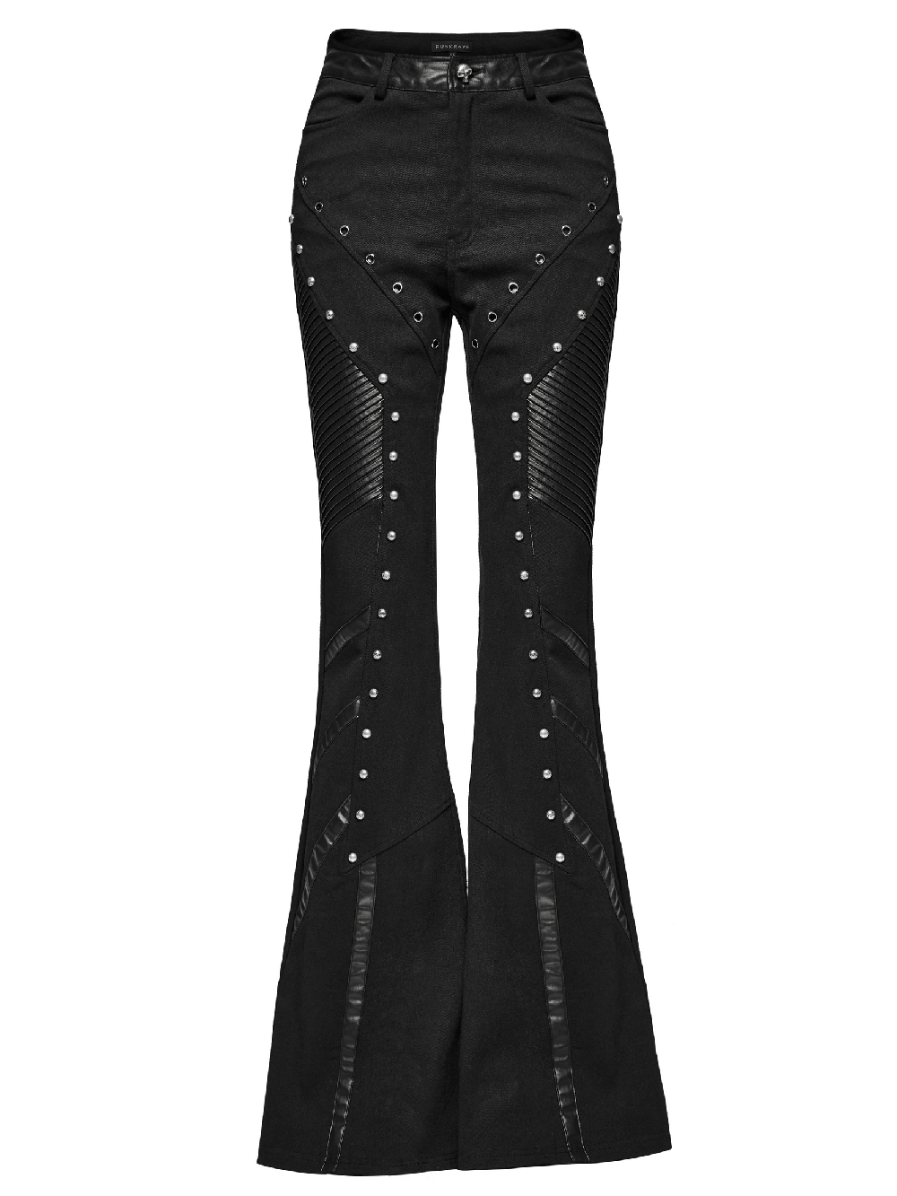 Punk Flare Trousers with Rivets and Leather Panels