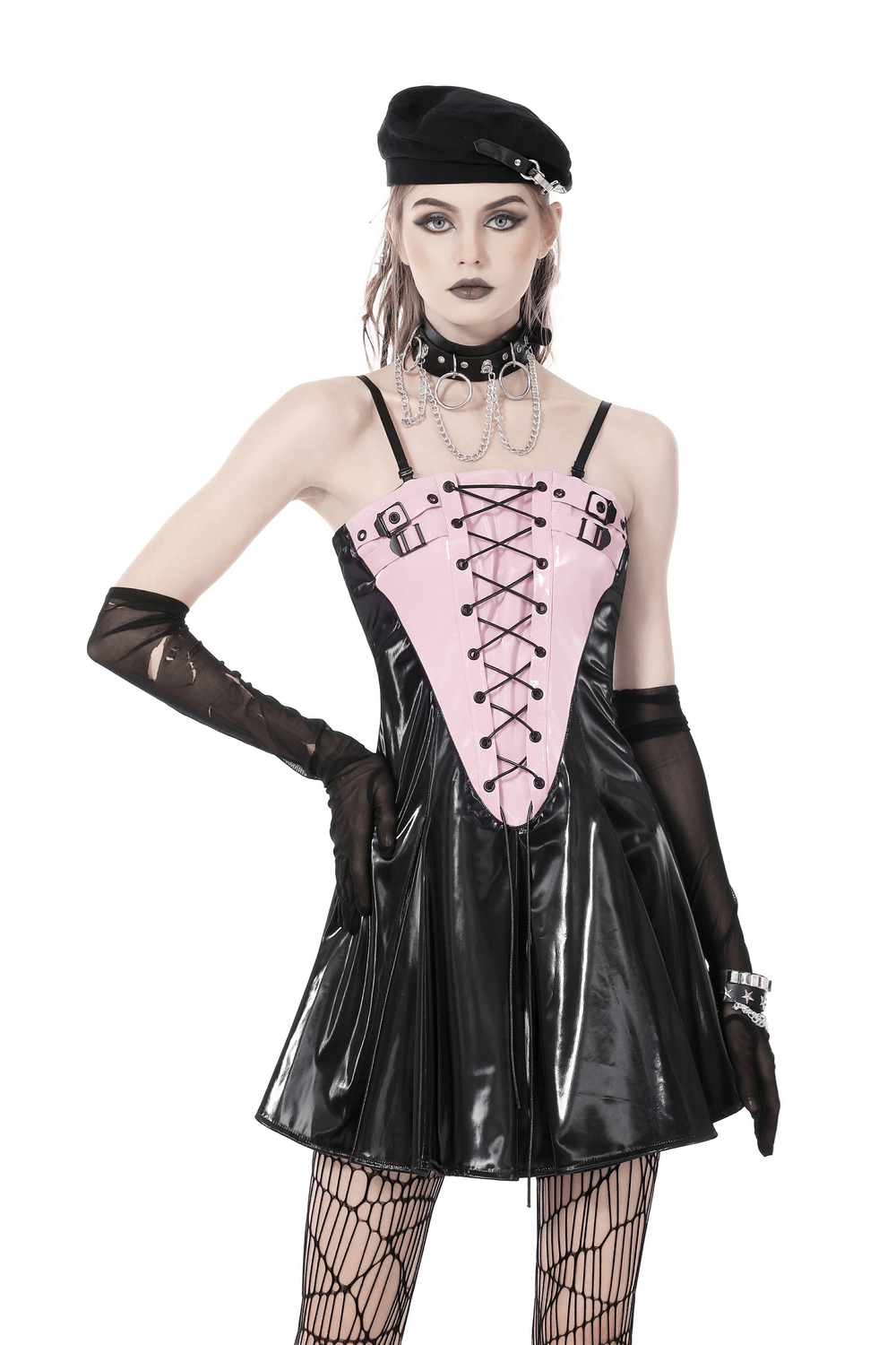 Punk Glossy Vinyl Lace-Up Mini Dress with Buckles