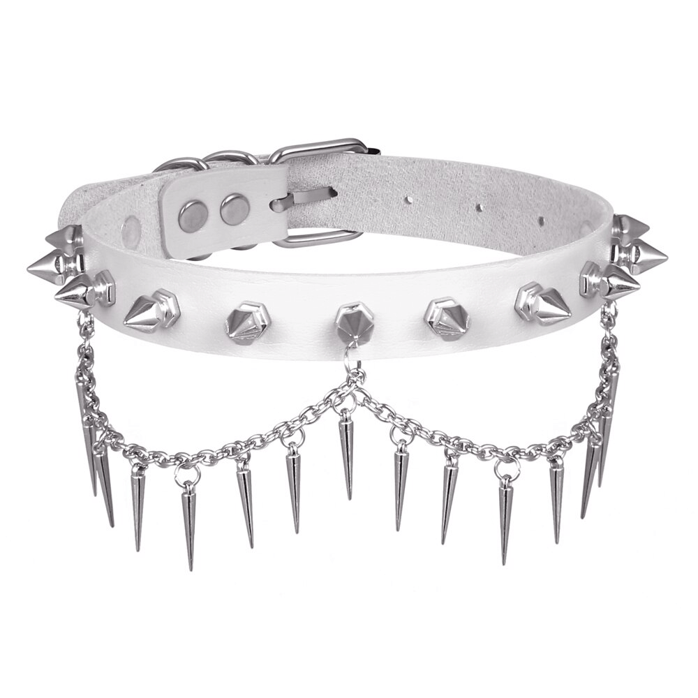 Punk Gothic Adjustable Spiked Choker / Black Leather Collar With Chain