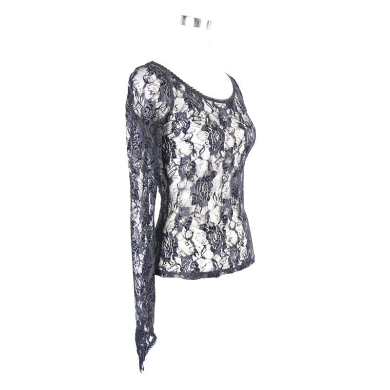Punk Gothic Ladies Mesh Long Sleeve Top / Sexy See-Through Elastic Black Lace Tops for Women