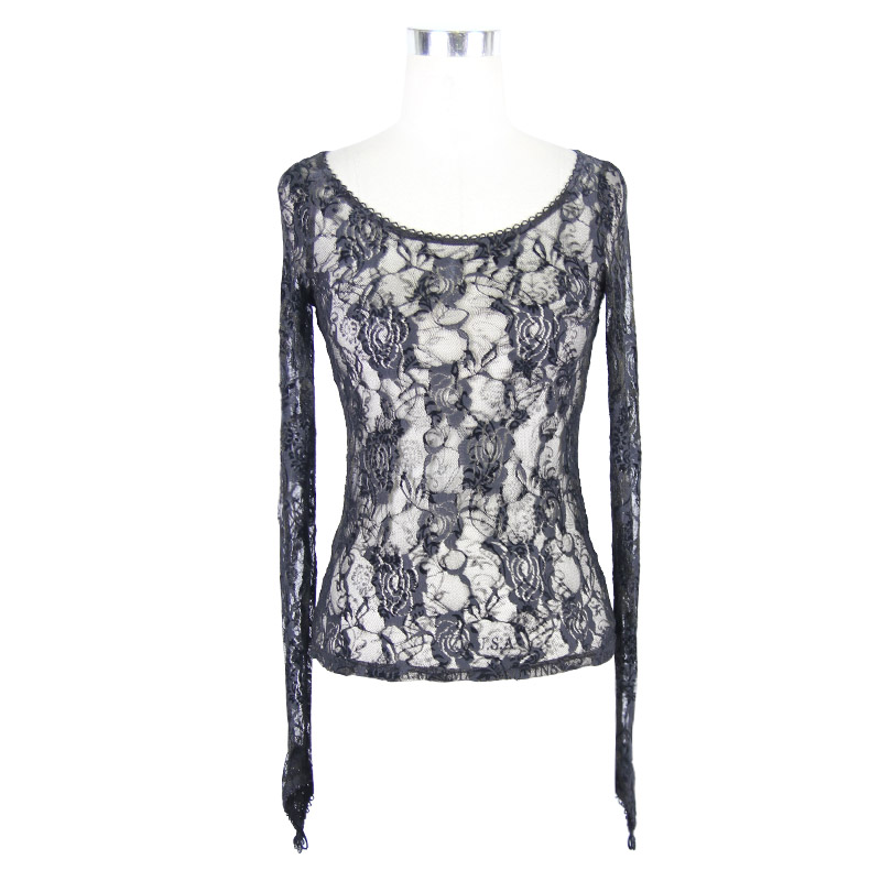 Punk Gothic Ladies Mesh Long Sleeve Top / Sexy See-Through Elastic Black Lace Tops for Women