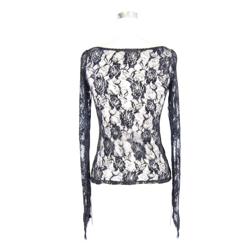 Punk Gothic Ladies Mesh Long Sleeve Top / Sexy See-Through Elastic Black Lace Tops for Women