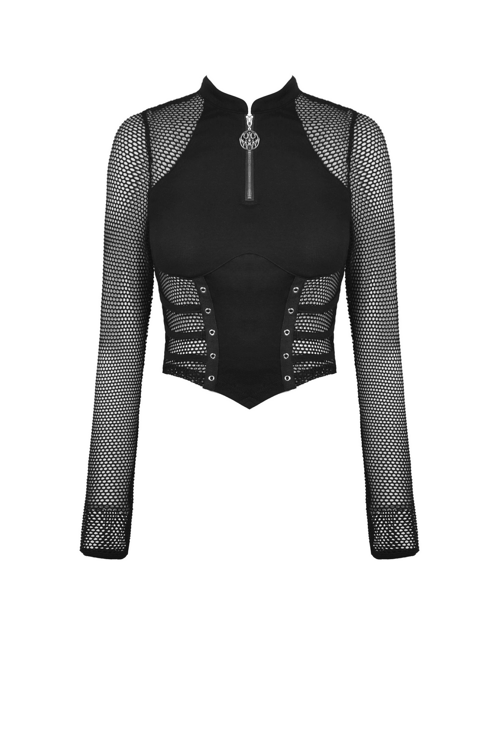 Punk Gothic Zip-Up Mesh Crop Top with Long Sleeves