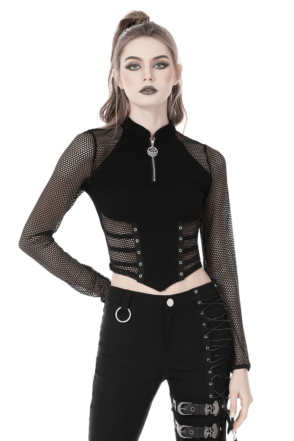 Punk Gothic Zip-Up Mesh Crop Top with Long Sleeves