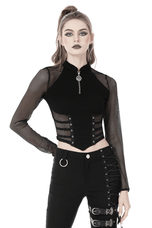Punk Gothic Zip-Up Mesh Crop Top with Long Sleeves