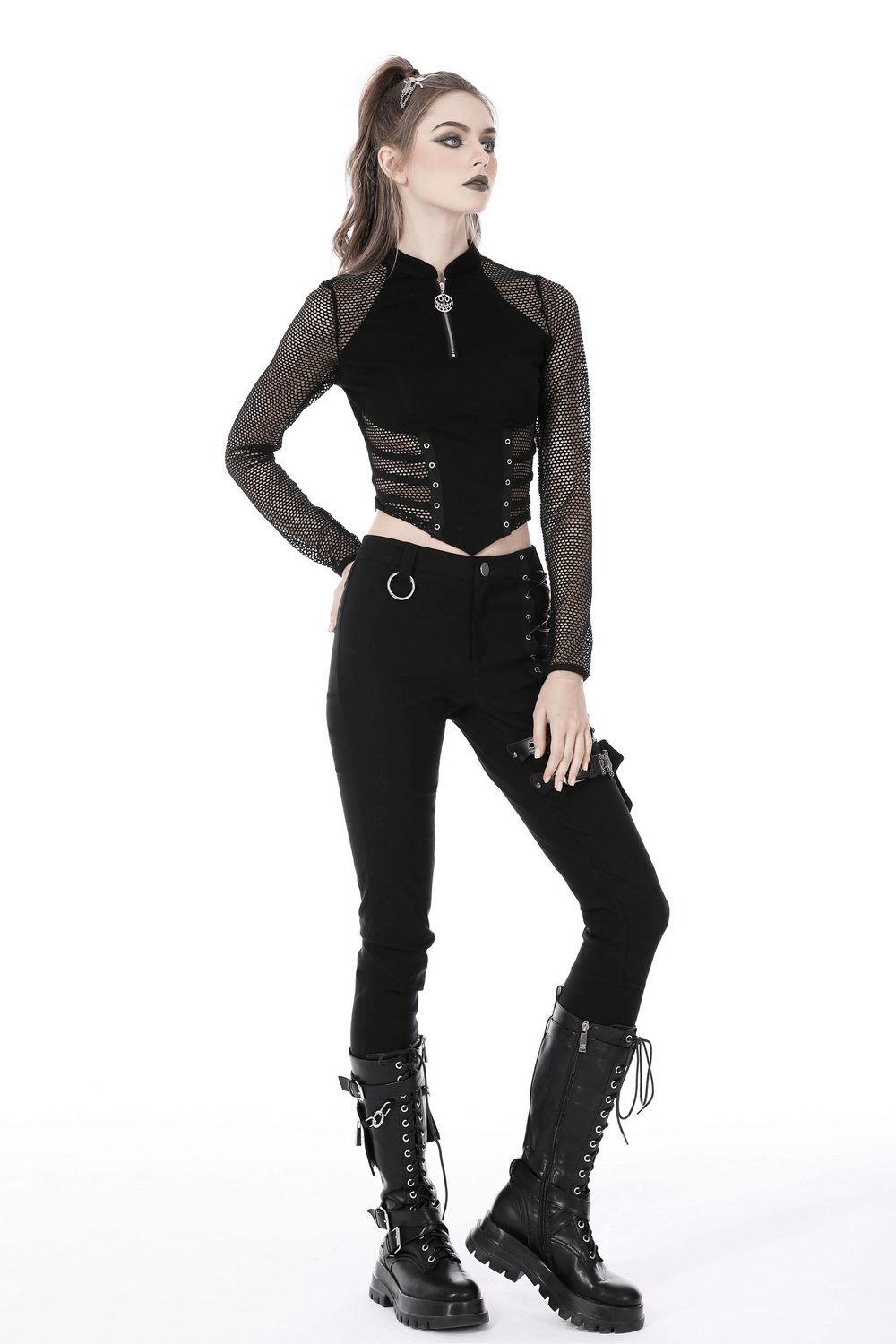 Punk Gothic Zip-Up Mesh Crop Top with Long Sleeves