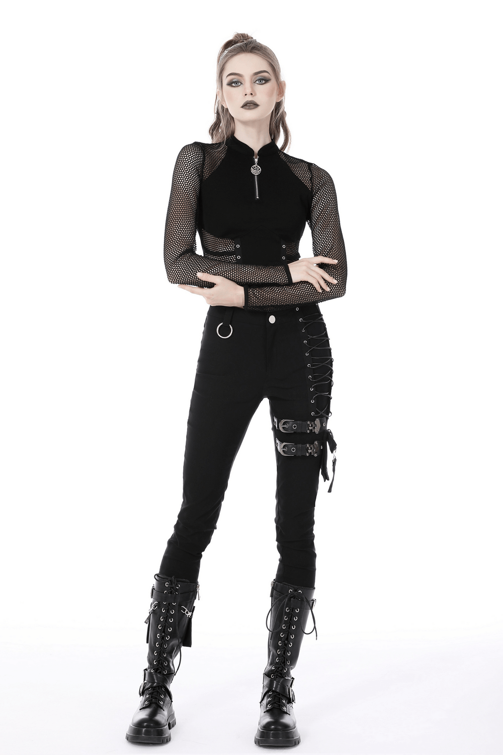 Punk Gothic Zip-Up Mesh Crop Top with Long Sleeves