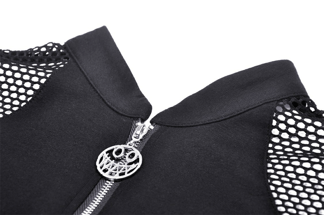 Punk Gothic Zip-Up Mesh Crop Top with Long Sleeves