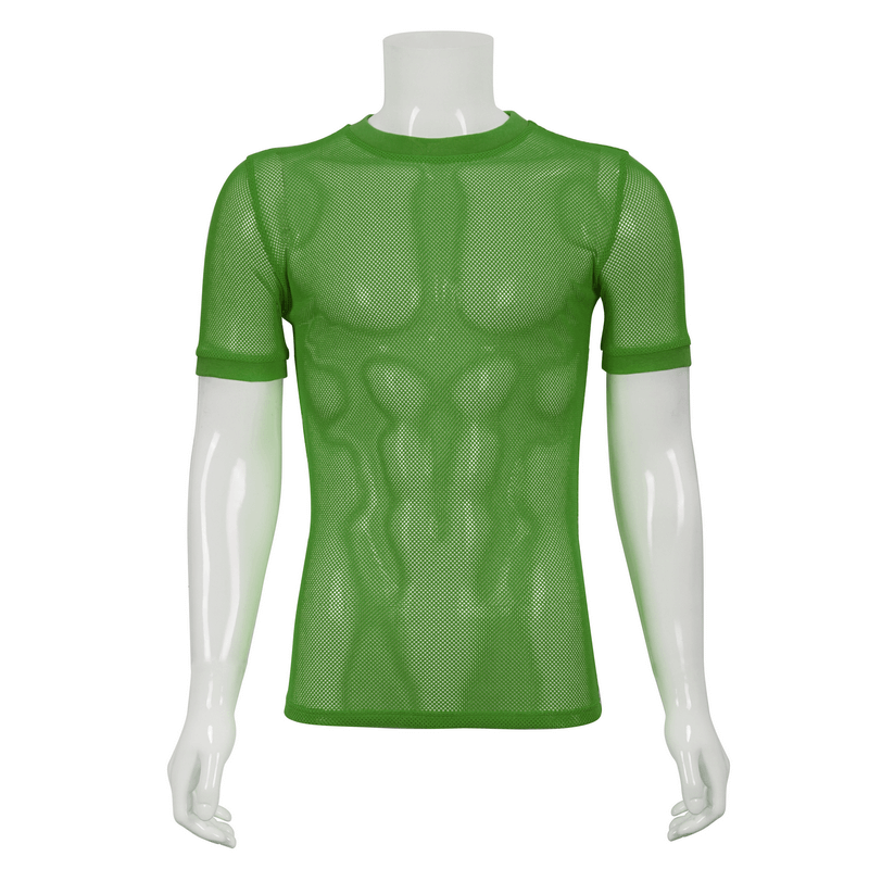 Punk Green O-Neck Mesh T-Shirt / Male Short-Sleeved Transparent T-Shirt / Alternative Clothing
