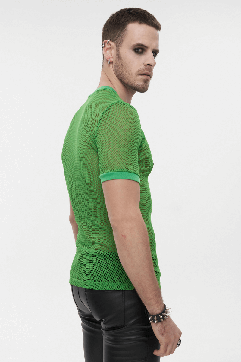 Punk Green O-Neck Mesh T-Shirt / Male Short-Sleeved Transparent T-Shirt / Alternative Clothing