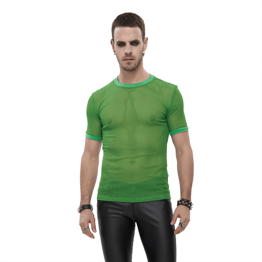Punk Green O-Neck Mesh T-Shirt / Male Short-Sleeved Transparent T-Shirt / Alternative Clothing