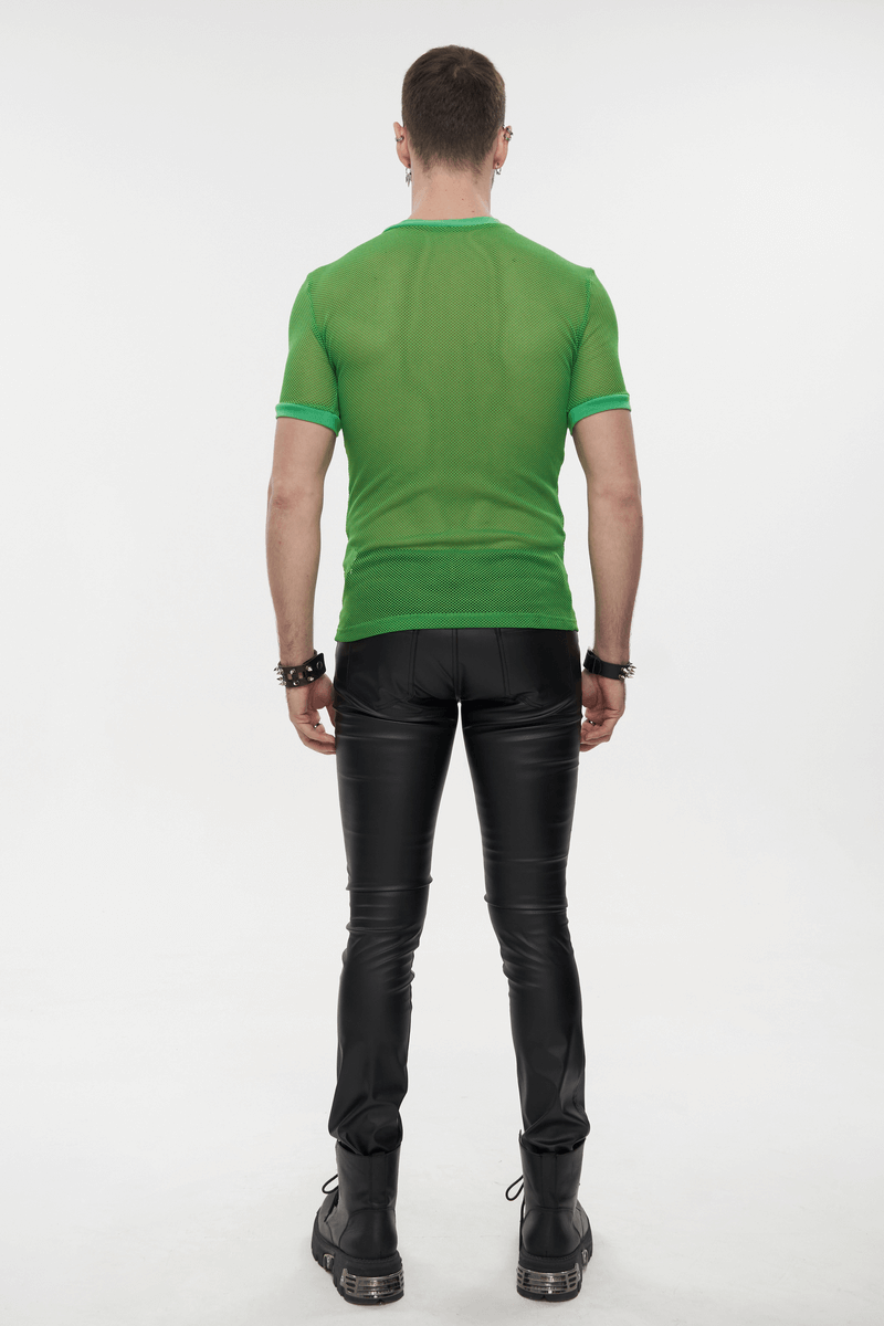 Punk Green O-Neck Mesh T-Shirt / Male Short-Sleeved Transparent T-Shirt / Alternative Clothing