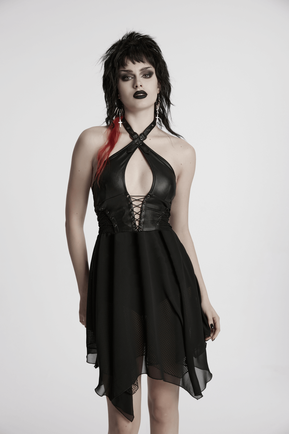 Punk Halter Neck Dress with Lace-Up and Chiffon Hem