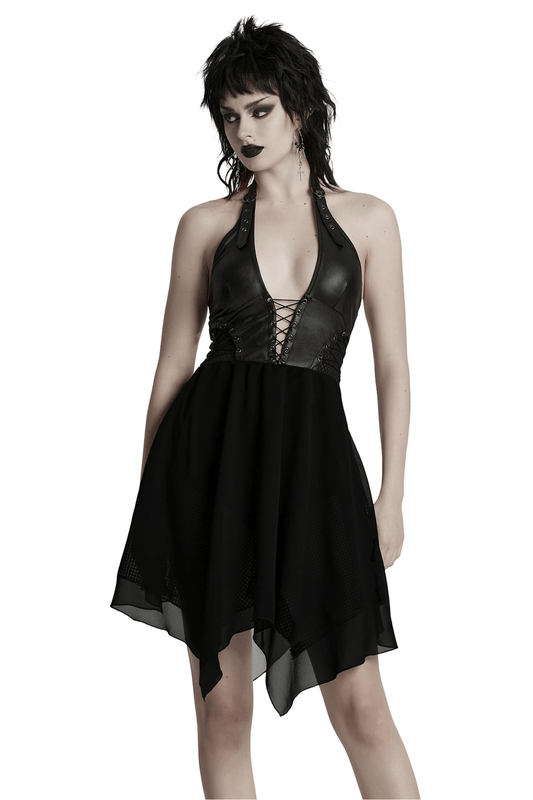 Punk Halter Neck Dress with Lace-Up and Chiffon Hem